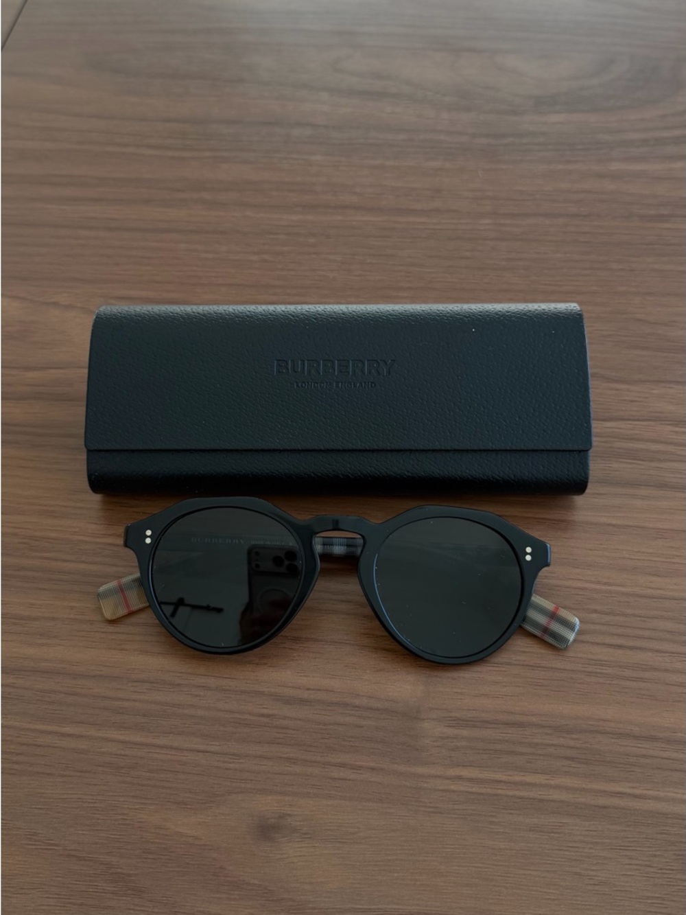 Burberry Authentic Black Round Sunglasses with Plaid Temple Tips